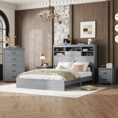 Ensemble de chambre à coucher 4 pièces avec grand lit en bois rétro avec 2 tables de chevet et 1 commode