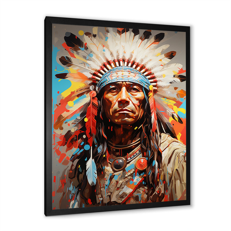 Native American Warrior Portrait - Art mural américain encadré, Cadre simple noir, H 44 po x l 34 po x P 1,5 po