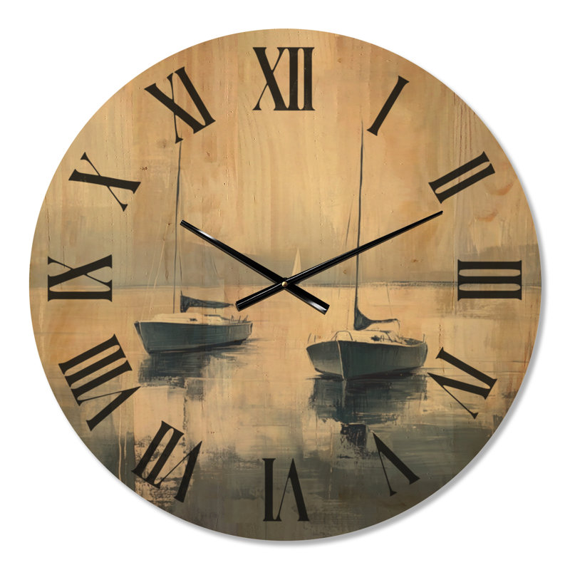 Horloge murale ronde en bois à motif nautique représentant deux voiliers mouillages, Grand