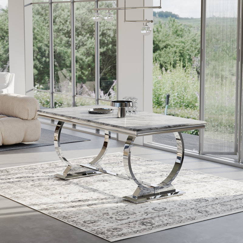 Ethanael Faux Marble Top Metal Base Dining Table, Silver Top/Stainless Steel Base