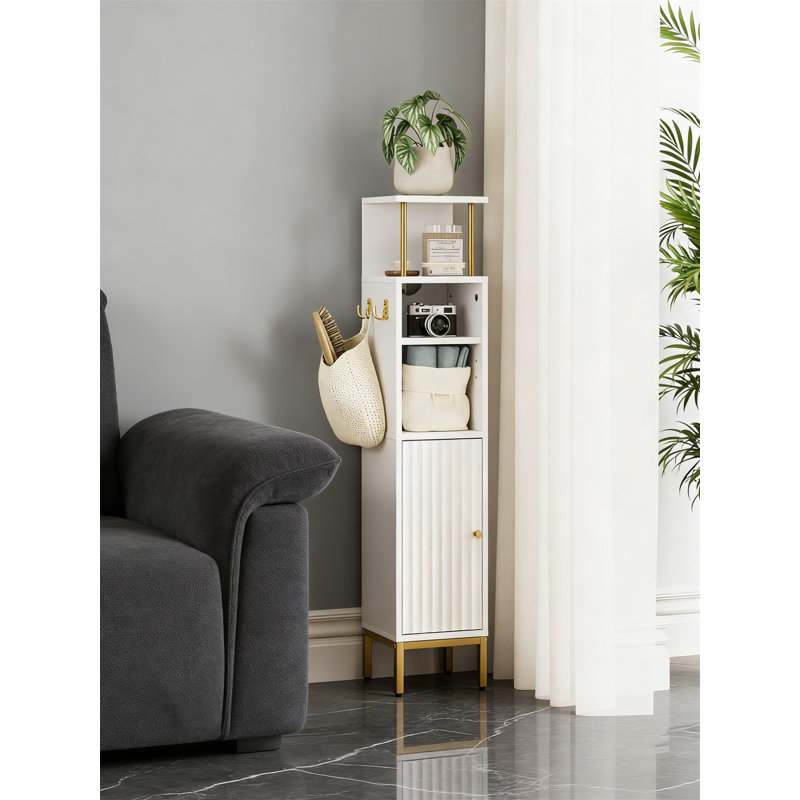 Small Corner Bathroom Floor Cabinet With 2 Hooks & Adjustable Shelves, Narrow Toilet Paper Storage, 37" H, White, Natural