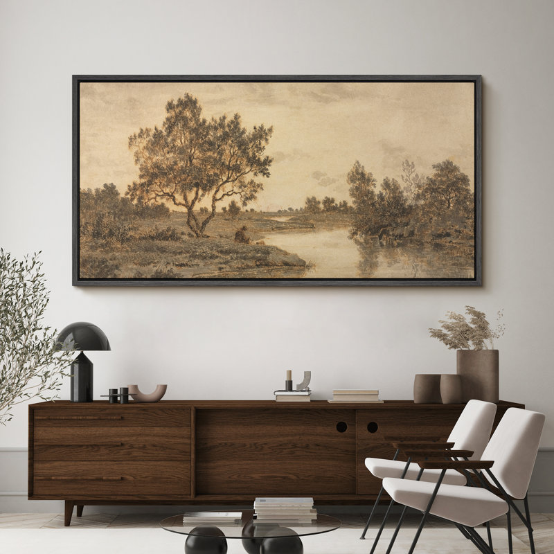Rustic Countryside " Misty Riverbank Solitary Tree Antique Retro Bedroom Extra Large Wall Decor ", 30" H x 60" W, Black