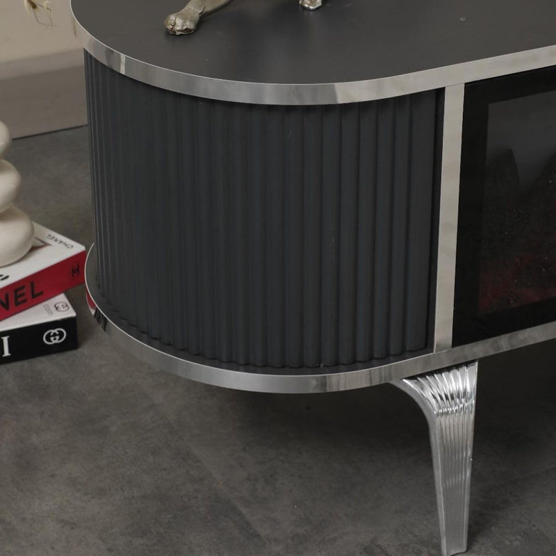 Unfinished TV Stand for TVs up to 88" with Fireplace Included, Black/Silver