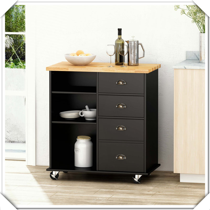 Rolling Kitchen Island Cart Storage Worktop Cabinet Drawers Dining Practical Stylish, Blacl