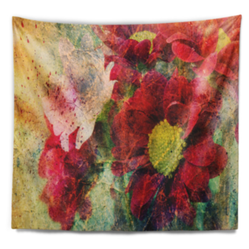 Tapisserie fleurs rouges et éclaboussures d'aquarelle, H 78 po x l 92 po