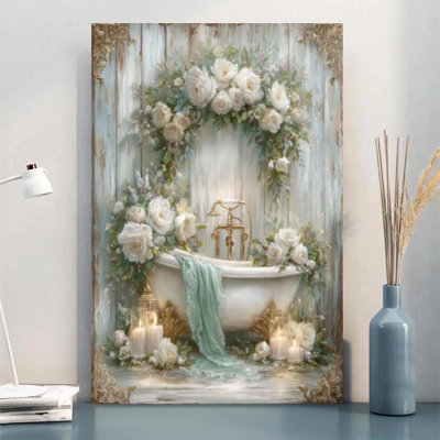 Vintage Bathroom Minimalist Illustration - 24" x 36" Gallery Wrapped Canvas