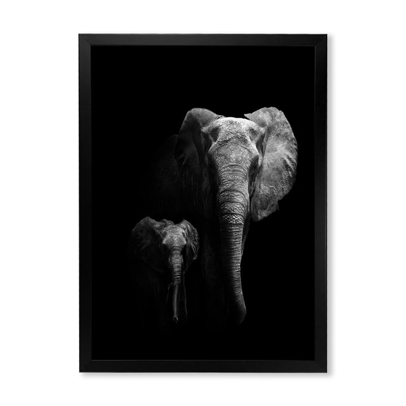 Éléphant d'Afrique sauvage en noir et blanc - Impression sur toile, Cadre photo noir, H 20 po x l 12 po
