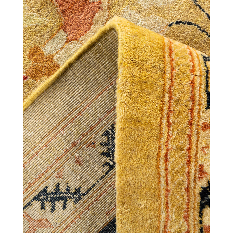 Tapis unique jaune / noir / beige noué à la main Shayon de 9 pi 4 po x 12 pi 2 po Shayon