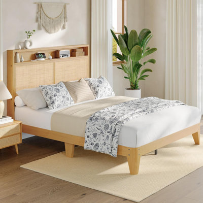 Full Bed Frame with Natural Rattan Headboard, Bohemian Bed Frame with LED Lights & Charging Station, 2 Tier Storage Headboard, Under Bed Storage, No Box Spring Needed