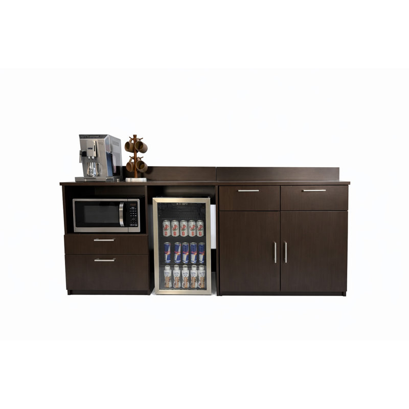 Office Breakroom Refreshment Cabinet with Microwave Shelf & Mini Fridge Opening – Fully Assembled Commercial Coffee Station – 84" W x 24" D x 36" H