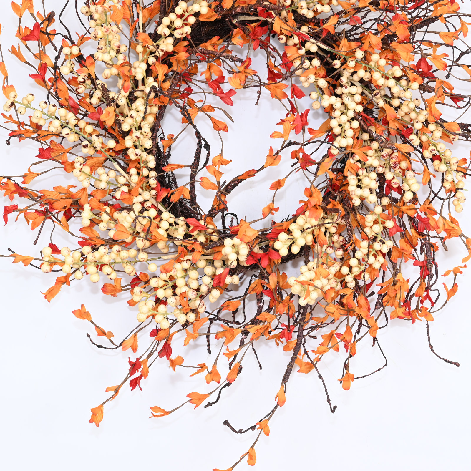 24" Fall Autumn Twig Berry Front Door Wreath, Orange/Cream