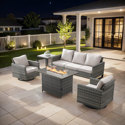 Hansencamp 5 - Person Outdoor Seating Group With Fire Pit With Swivel Glide Chair And Cushions