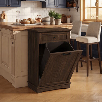 10 Gallon Tilt Out Trash Cabinet Farmhouse Wooden Free Standing , Recycling Trash Cabinets With Hideaway Drawer for Kitchen Living Room