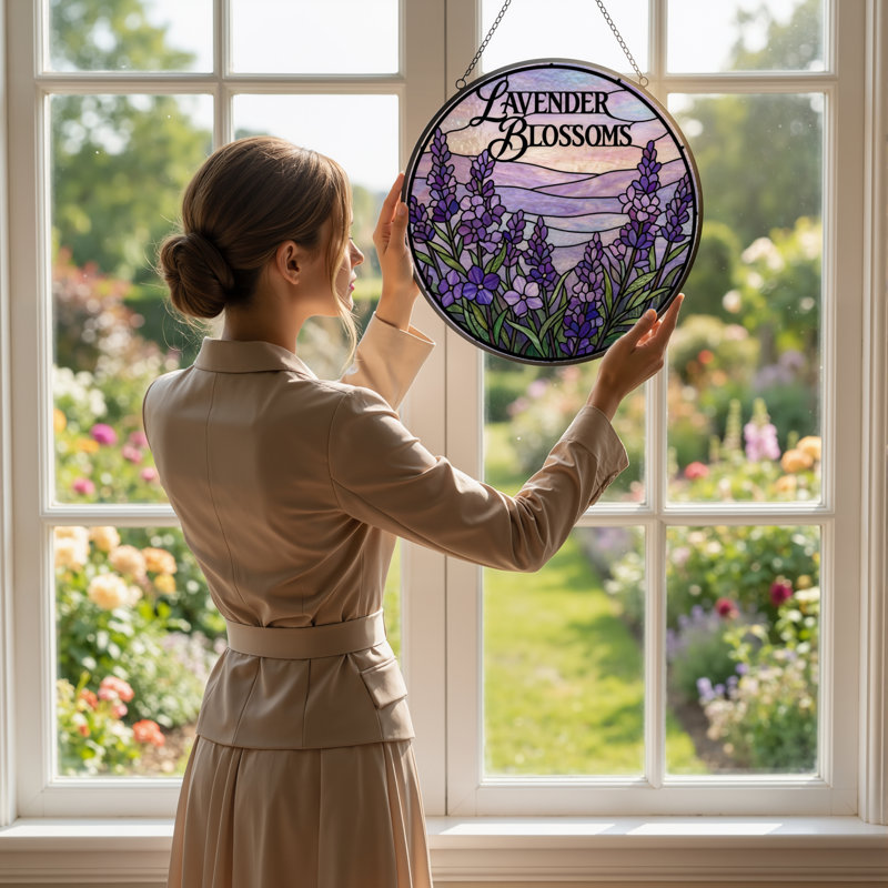 Panneau de vitrail 12 "H Lavender Blossoms, 12" H x 12" W