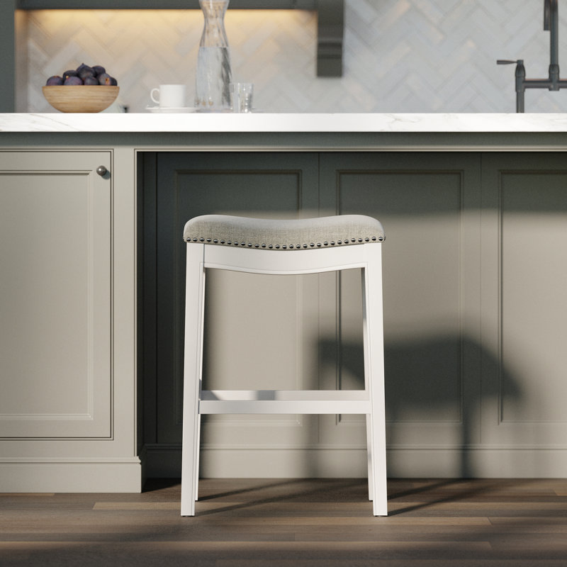 Wood Backless Saddle - Seat 31In High, White Frame, Gray Upholstered, Floor Glides 31In. Bar-Height , Nailhead Adorned Whitewash, Roomy And Compact Design