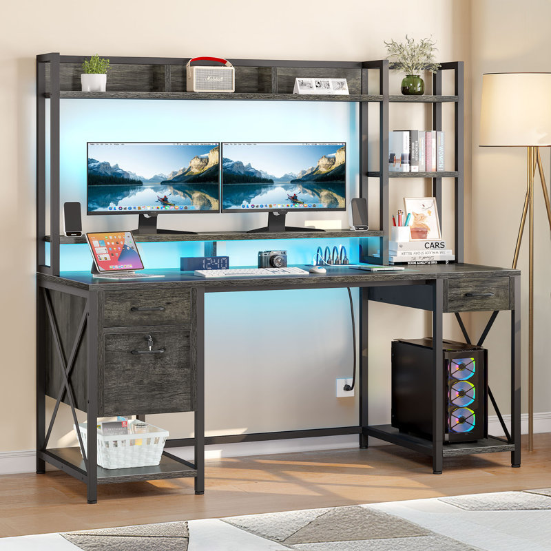  Computer Desk with Hutch & LED Lights, Gray/Black