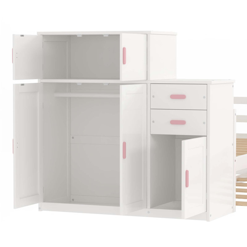 Lit plateforme simple en bois avec bibliothèque et garde-robe mobile, Rose