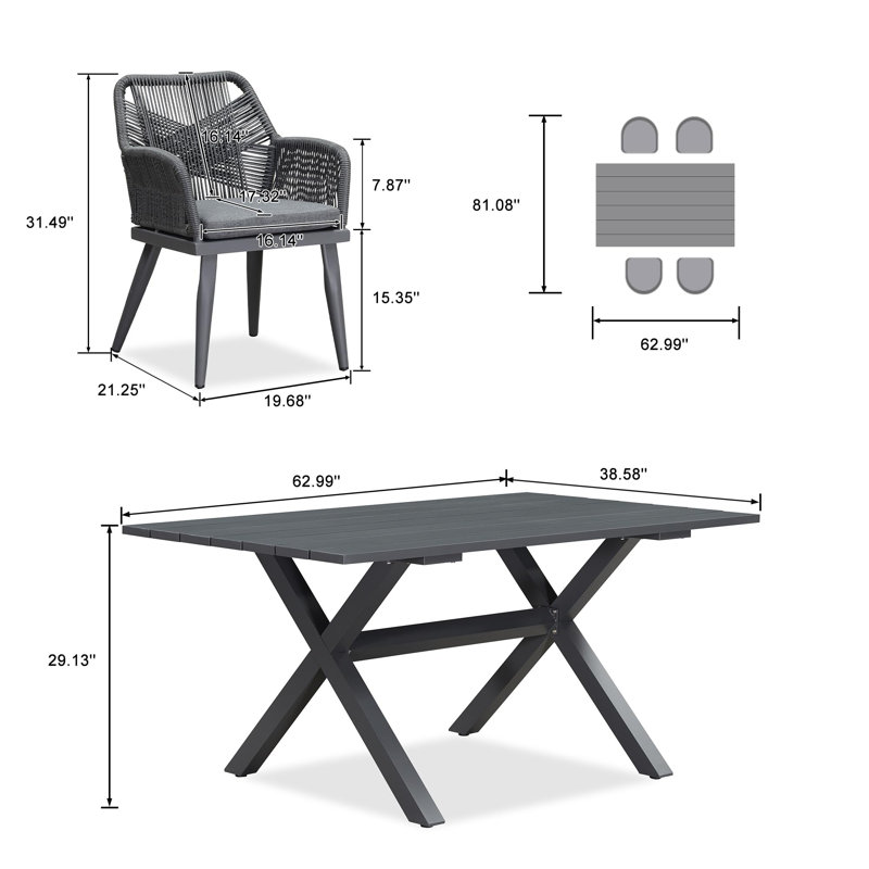 5 Pieces Outdoor Dining Set All-weather Pe Rattan Outdoor Patio Furniture Set With All Aluminum Frame Rectangular Table And Chairs Set For Lawn Garden Backyard Deck, Grey