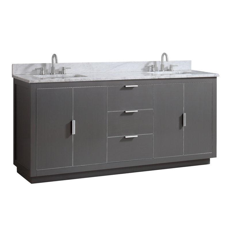Ensemble de meuble-lavabo double 73 po Salise, Marbre blanc de Carrare / argent, Gris crépuscule