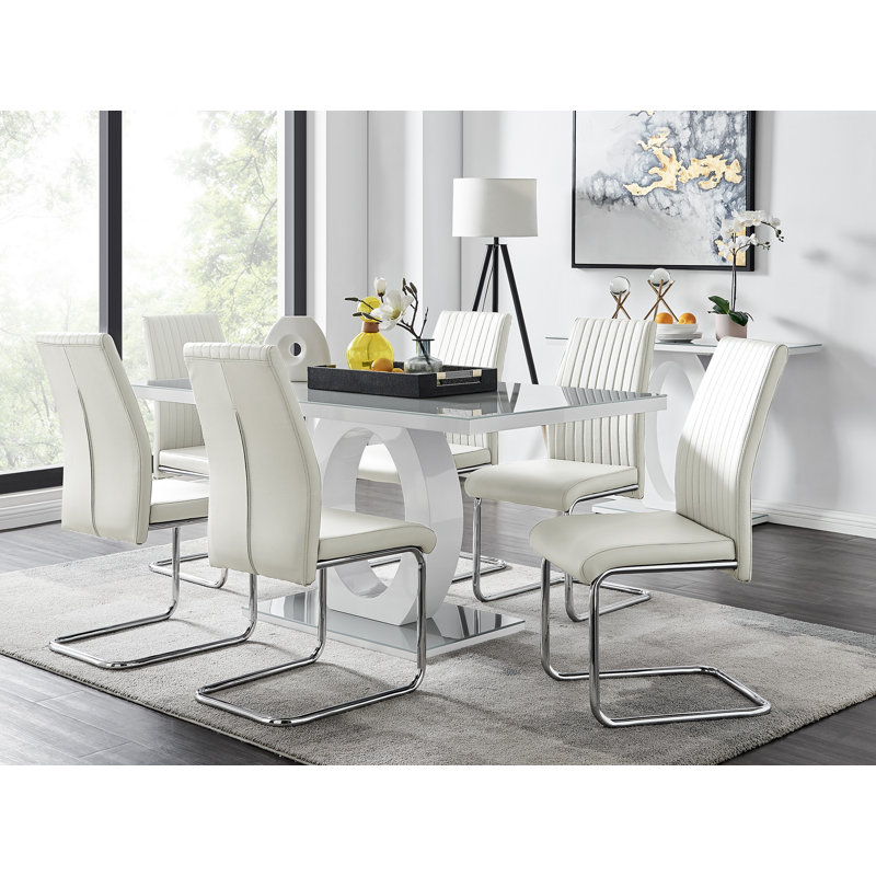 Scottsmoor Modern High Gloss & Glass Dining Table with 6 Luxury Faux Leather Chairs, White