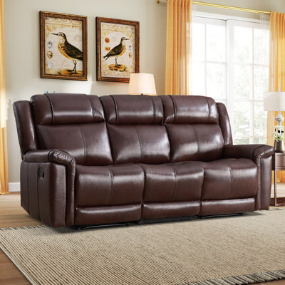 85'' Wide Modern Upholstered Genuine Leather Manual Reclining Sofa With Pillow Top Arm