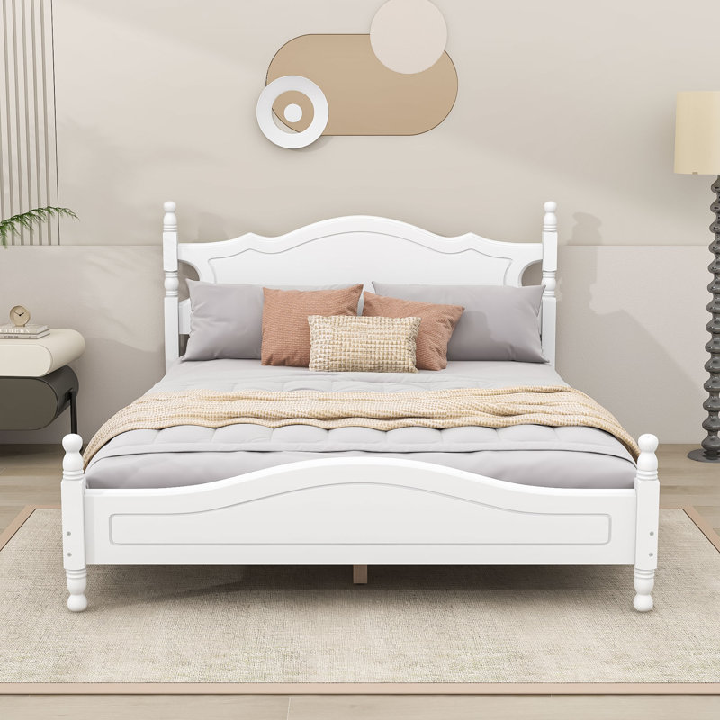 Base de lit plateforme en bois, lit plateforme de style rétro avec support en lattes de bois, Blanc, Grand