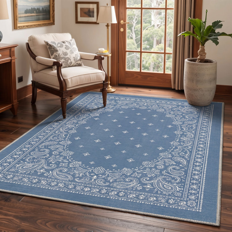 Tapis oriental bleu / ivoire lavable à la machine avec envers antidérapant, Rectangle 6' x 9'