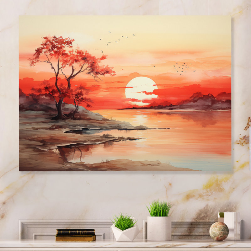 Décoration murale en métal pêche lever de soleil brun - lever de soleil en métal, H 30 po x l 40 po x P 1 po