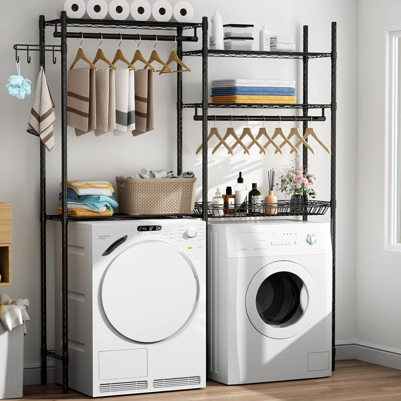 Black Adjustable Over Washer and Dryer Storage Shelf with Hooks