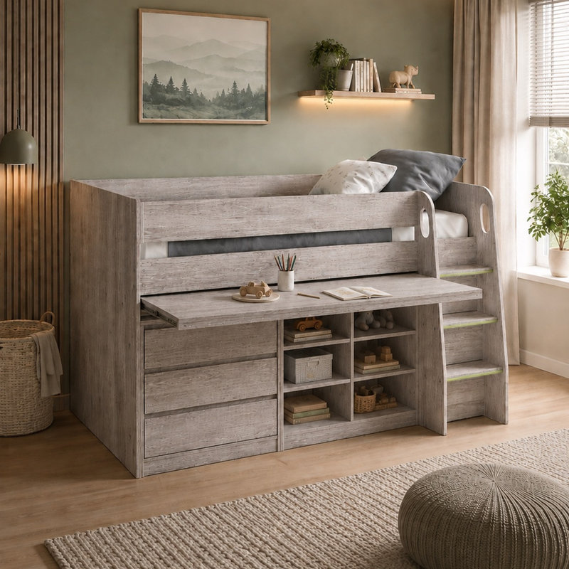 Moesha Single (3') Cabin Bed with Storage Included with Desk Included, Grey
