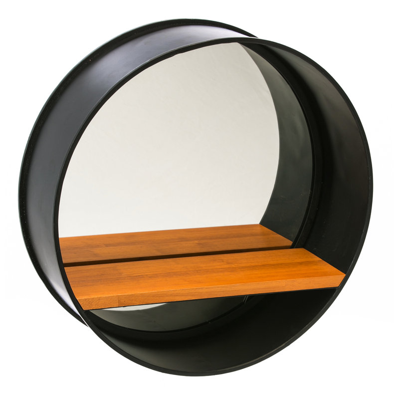 Miroir à cadre en métal noir rond avec tablette en bois