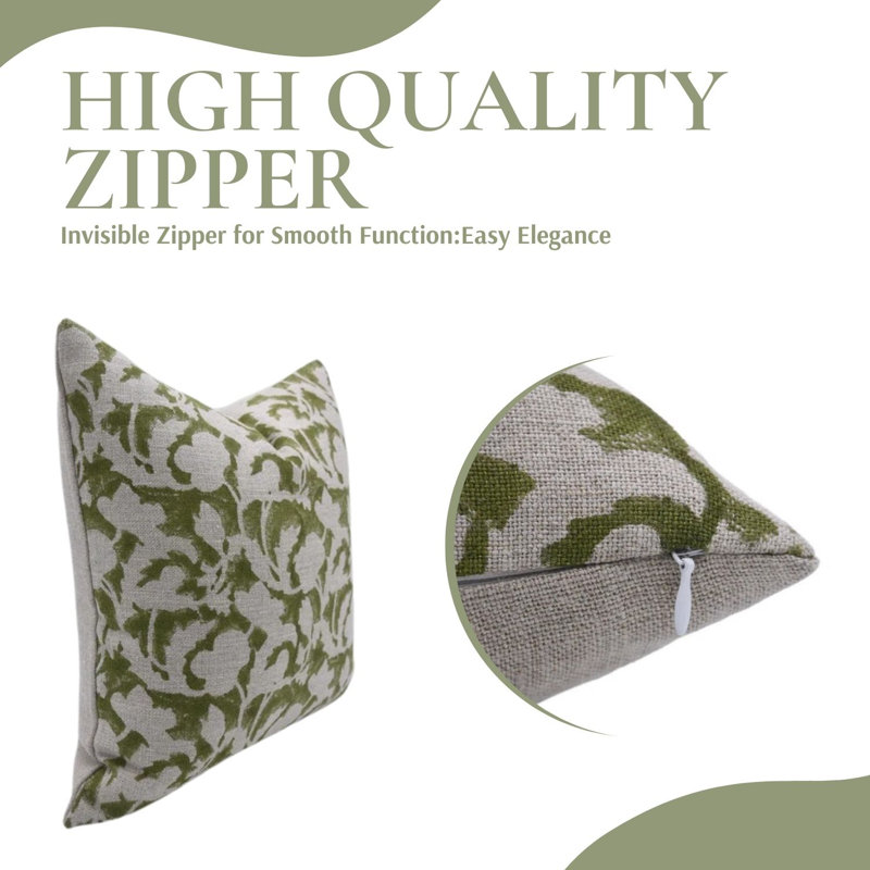 Block Print Throw Pillow Cover, 30 Inch Thick Linen Decorative Cushion Cover, 20" x 20", White/Green