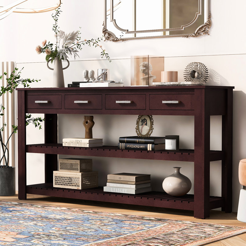 Console de style U minimaliste avec 4 tiroirs et 2 tablettes en bois de pin, construction robuste pour les entrées