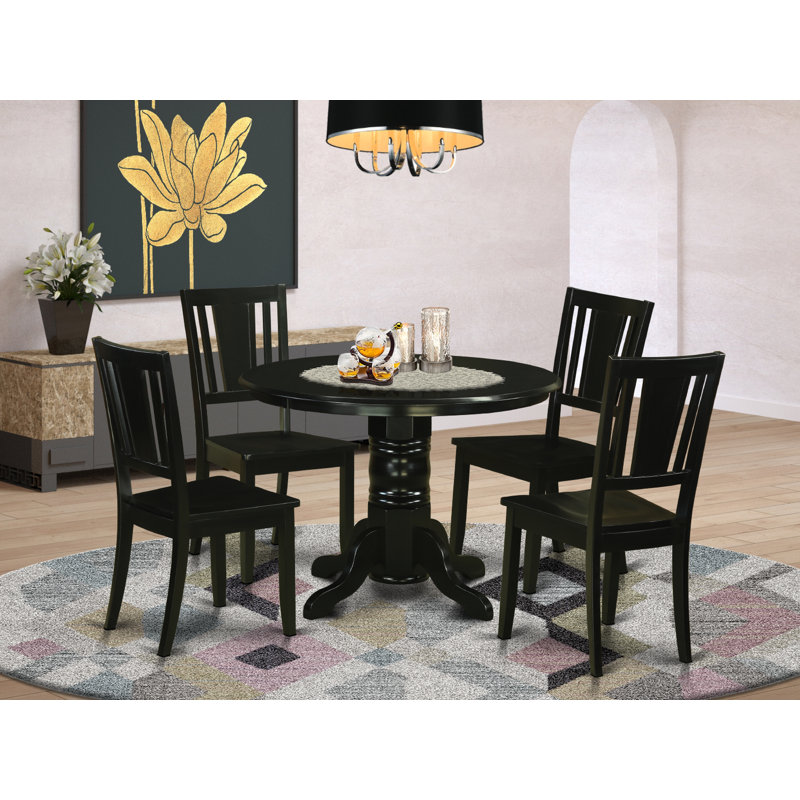5 Piece Dining Table Set for 4 Includes a Round Kitchen Table with Pedestal and 4 Dinette Chairs, Black, Black
