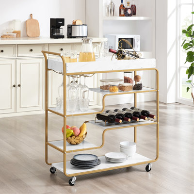 Chariot-bar 6, service élégant avec support à vin, chariot à boissons à 6 panneaux en faux marbre, style rétro et rangement en verre, pour recevoir