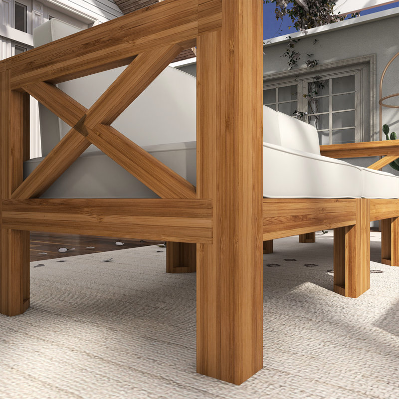 Ensemble de canapé modulaire d'extérieur en bois 5 pièces avec coussins et table basse, Beige