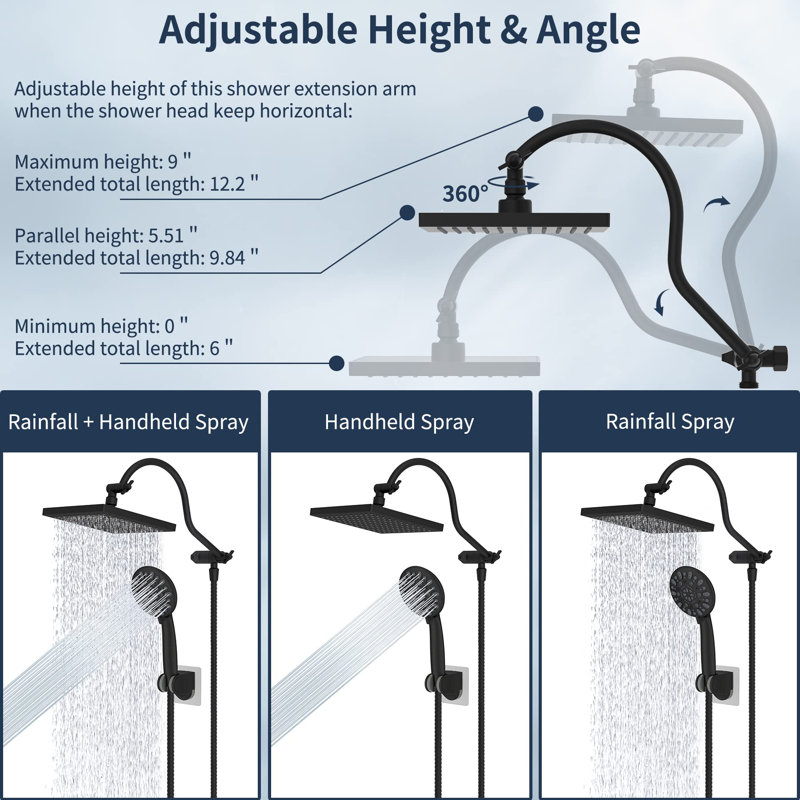 Matte Black 8-Inch Rainfall Shower Head Combo with Handheld