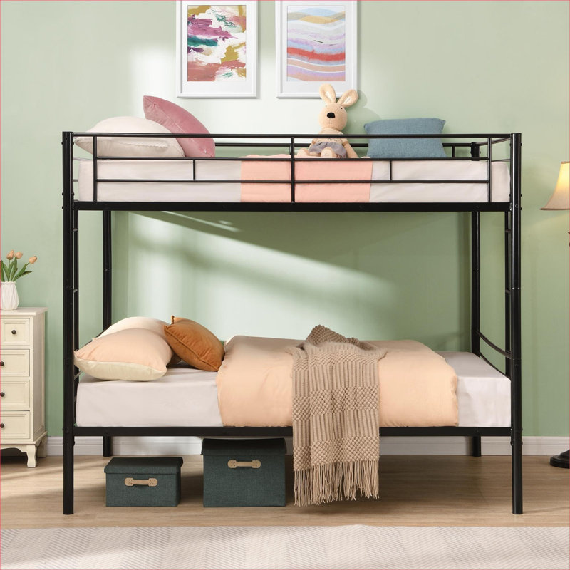 Full Over Full Size Classic Black Metal Bunk Bed for Residential Bedroom Use Modern Style No Box Spring Needed, Full