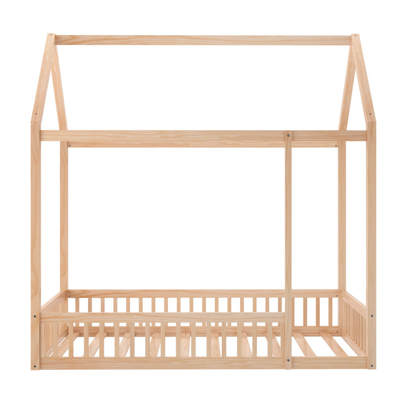 Aurey Wooden House Shaped Floor Bed With Fence And Wood Slatted Foundation, Tan