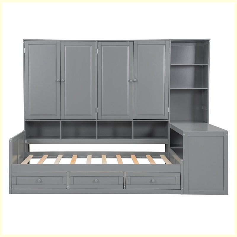Lit de jour moderne en bois avec trois tiroirs, armoire tout-en-un, bureau et tablettes, Lit simple, Gris