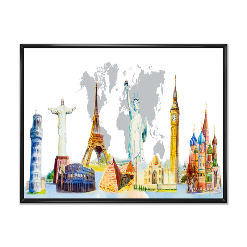 «Famous Repères Of The World», reproduction sur toile flottante, H 16 po x l 32 po x P 1 po, Cadre flottant noir