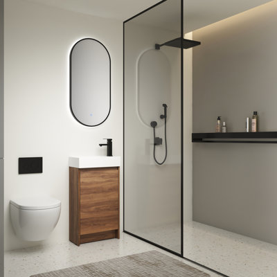 18 Inch Freestanding Bathroom Vanity With Single Sink. Soft Closing Doors Cupboard. Ceramic Basin. Brown Ebony Plywood For Tiny Bathrooms 18" Cabinet Seamless Assembly. Strong Compact
