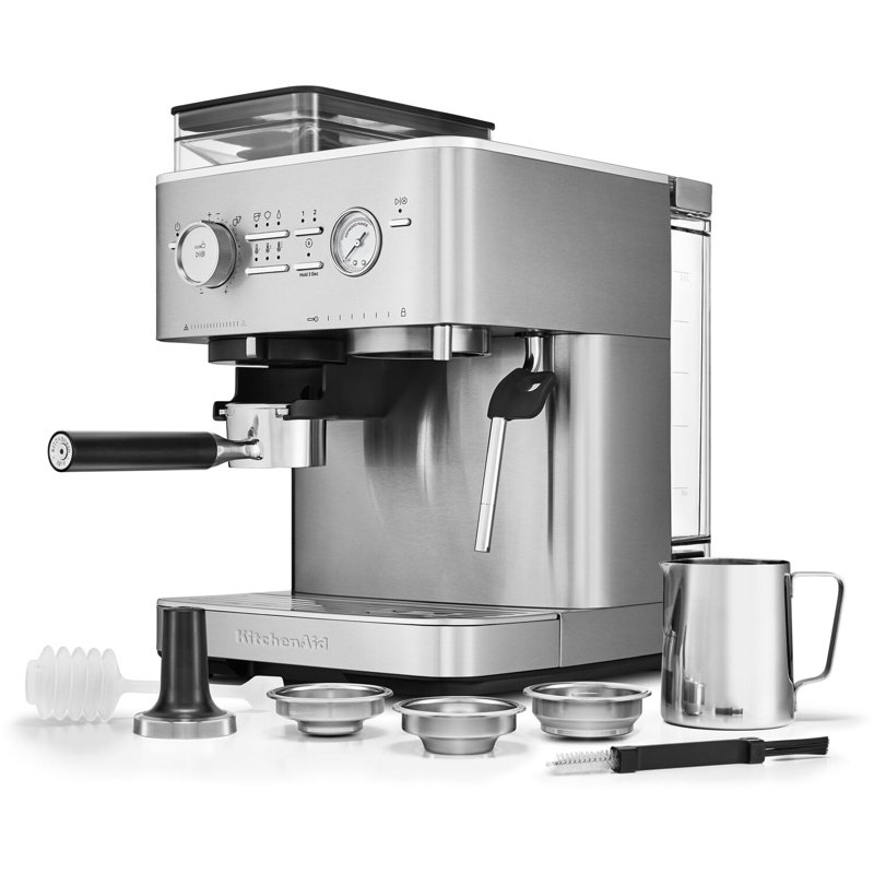 Semi Automatic Espresso Machine with Burr Grinder in Juniper, Stainless Steel