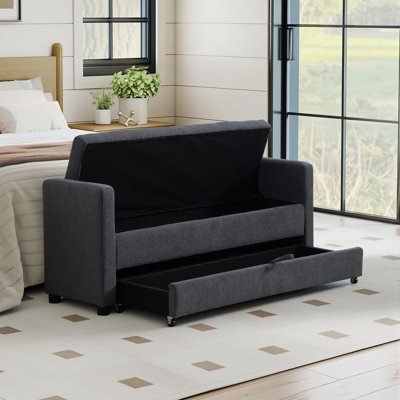 Banc de rangement rembourré de 58 po à deux niveaux avec plateau relevable et tiroir