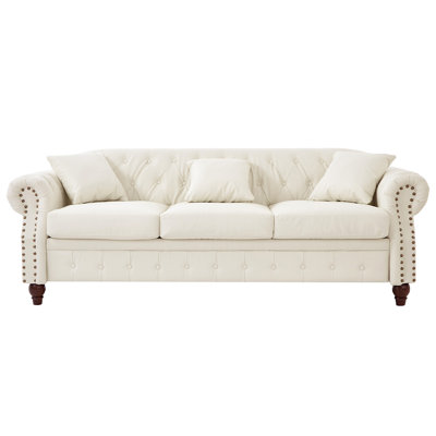 85.8" Chesterfield Sofa In Ivory White, Faux Leather 3-Seater Couch With Tufted Back, Storage Compartment & Rolled Arms