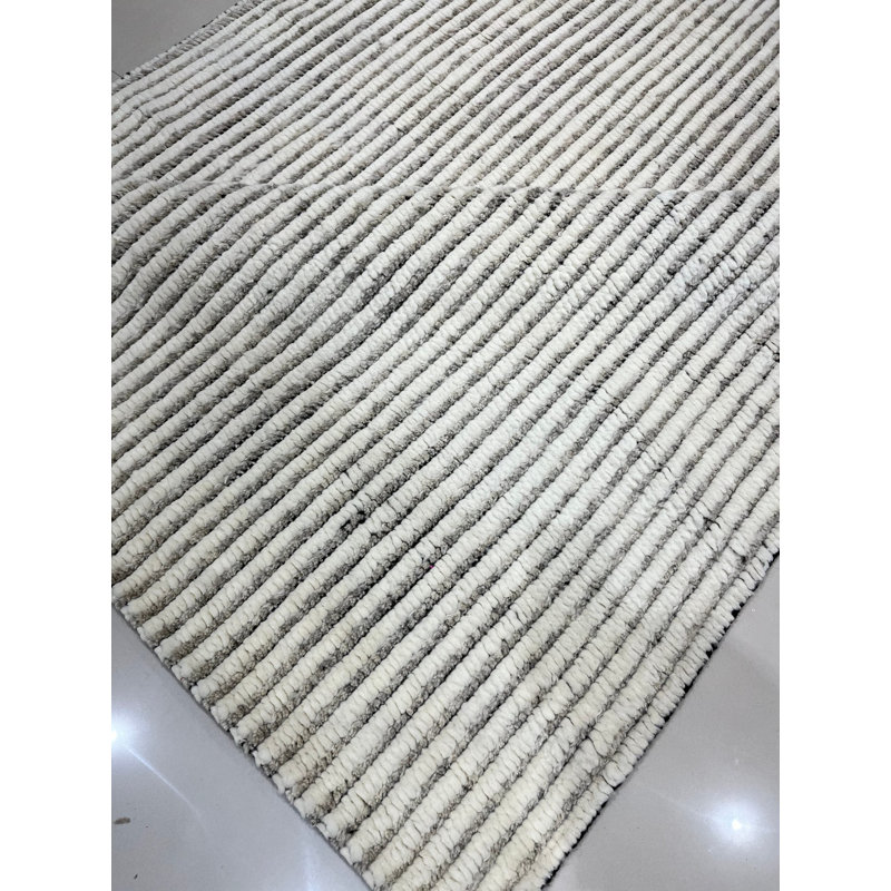 Ivory Hand-Knotted Wool Vertical Ribbing Geometric Modern Contemporary Carpet Rug, 10' x 14'