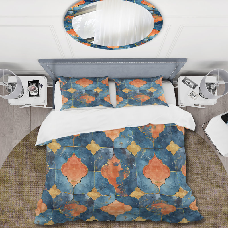 Blue and Gold Rustic Tile IV - Ensemble de housse de couette Farmhouse, Housse de couette très grand + 2 taies décorativ