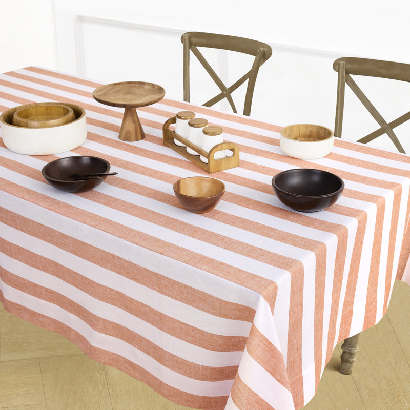 Cabana Stripe - 100% Pure Linen Tablecloth, 132" x 60", Orange/White