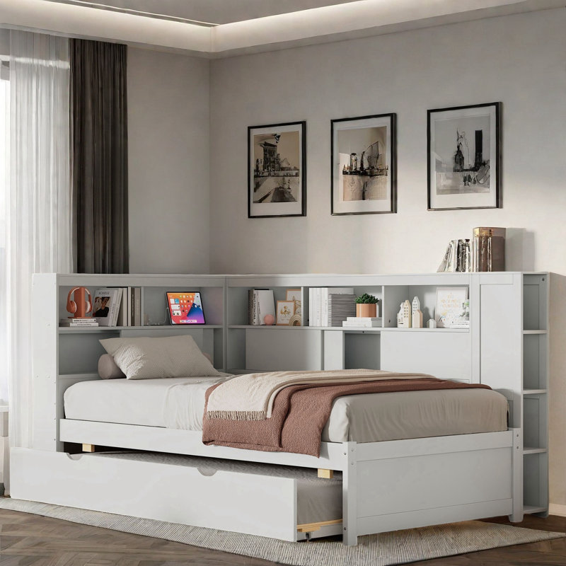 Wood Daybed With Storage Shelves, White