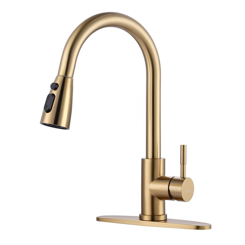 304 Stainless Steel Kitchen Sink Faucet with Pull Down Sprayer, High-Arc Single Handle Kitchen Faucet with Deck Plate, Gold